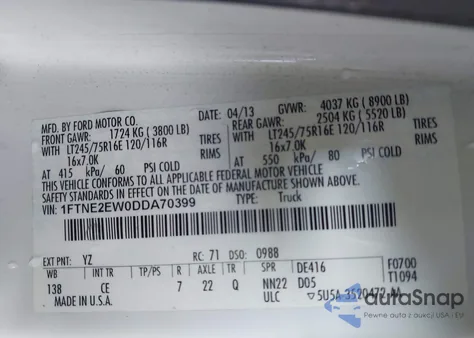 2013 Ford E-250 Commercial from USA, damaged, VIN 1FTNE2EW0DDA70399